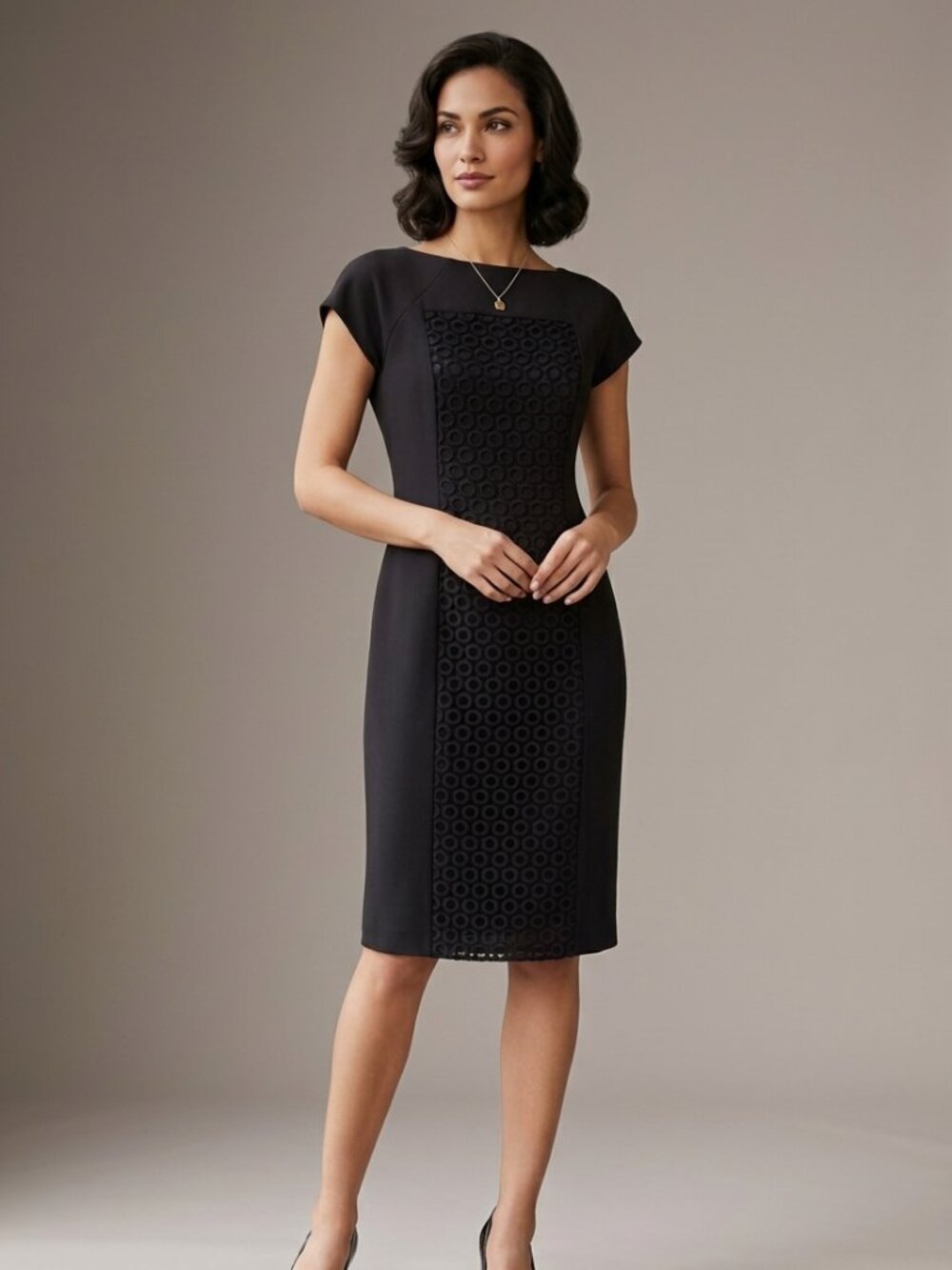 Lafayette 148 New York Geometric Eyelet Knit Sheath Dress in Black Size 6
